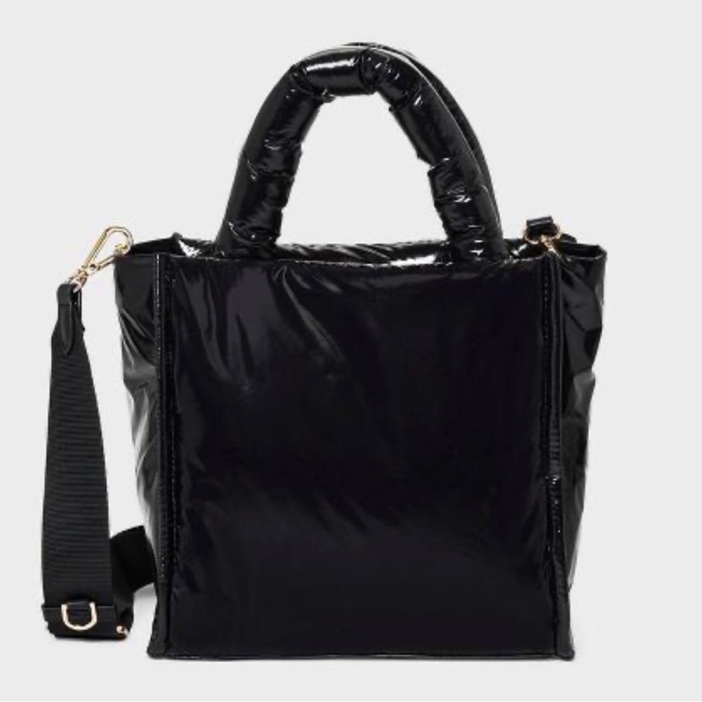 A New Day Shiny Black Faux Leather Boxy Puff Crossbody Bag Detachable Strap